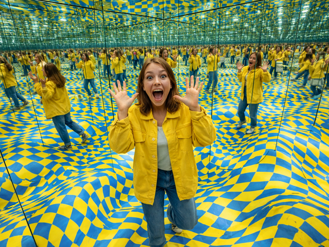 Muzeum Iluzji w Mielnie – Mirror Room z żółto-niebieskim wirującym wzorem
