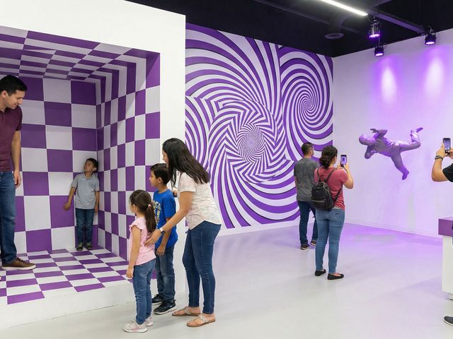 Muzeum Iluzji w Mielnie – sala z fioletową spiralą i lewitującą rzeźbą