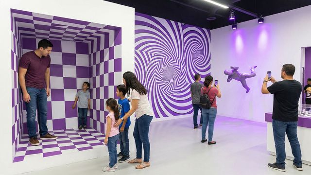 Muzeum Iluzji w Mielnie – sala z fioletową spiralą i lewitującą rzeźbą