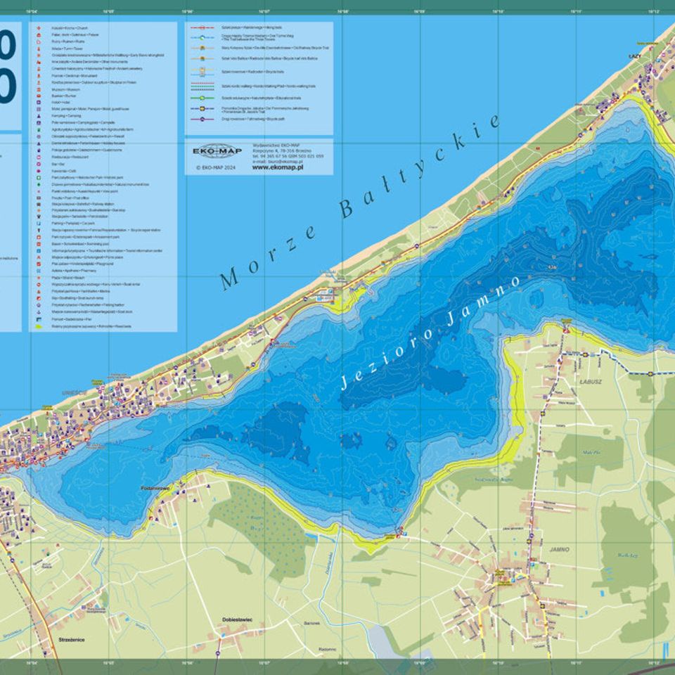 Jezioro Jamno Mielno – mapa akwenu z przystańami atrakcji wodnych