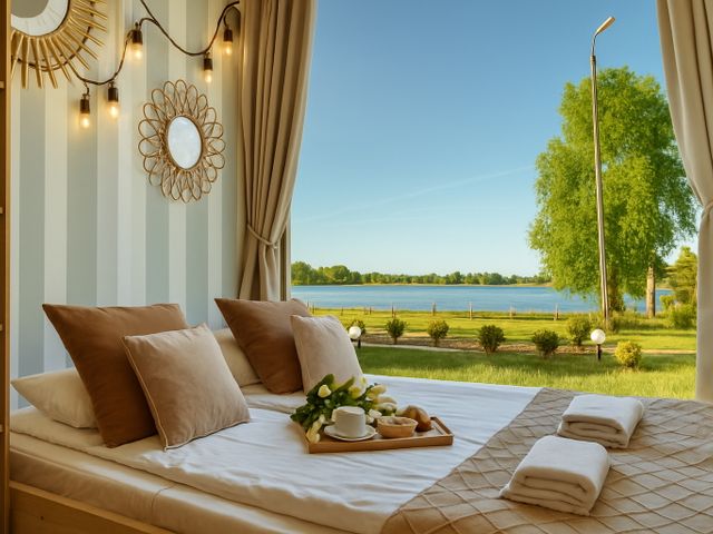 HT Houseboats Mielno – wnętrze domku na wodzie ze śniadaniem nad jeziorem